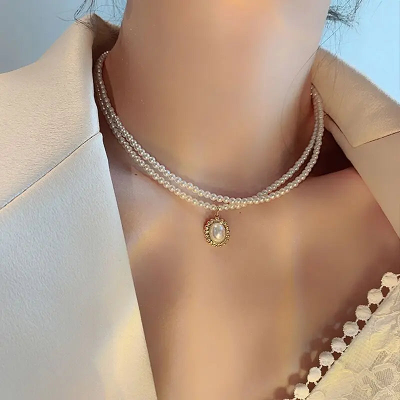 Layered Pearl Choker Colar Thick Chains with Pendant Necklace for Women Fashion Choker Necklace on Neck 2022 Jewelry