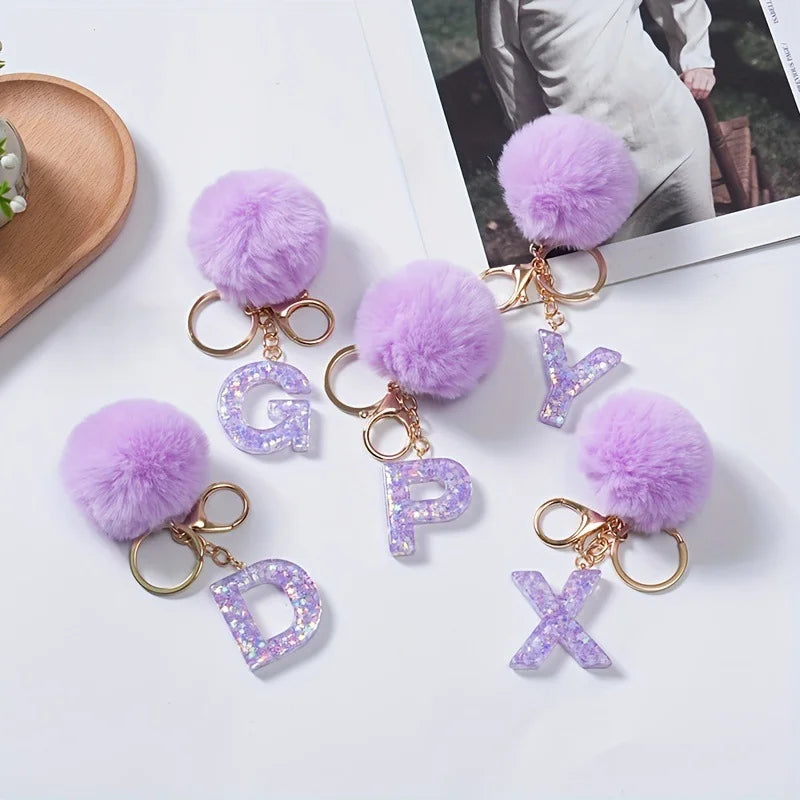 A-Z 26 Alphabet Letter keychain resin star sequin key ring cute purple plush ball keychain women's bag pendant fashion gift