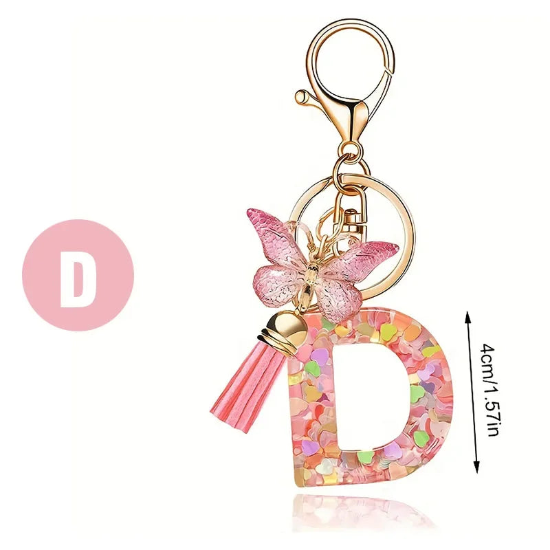 A-Z Dreamy Sequin Letters Keychain for Women Tassel Butterfly Pendant Initial Keyring Purse Suspension Bags Charms Car Key Chain