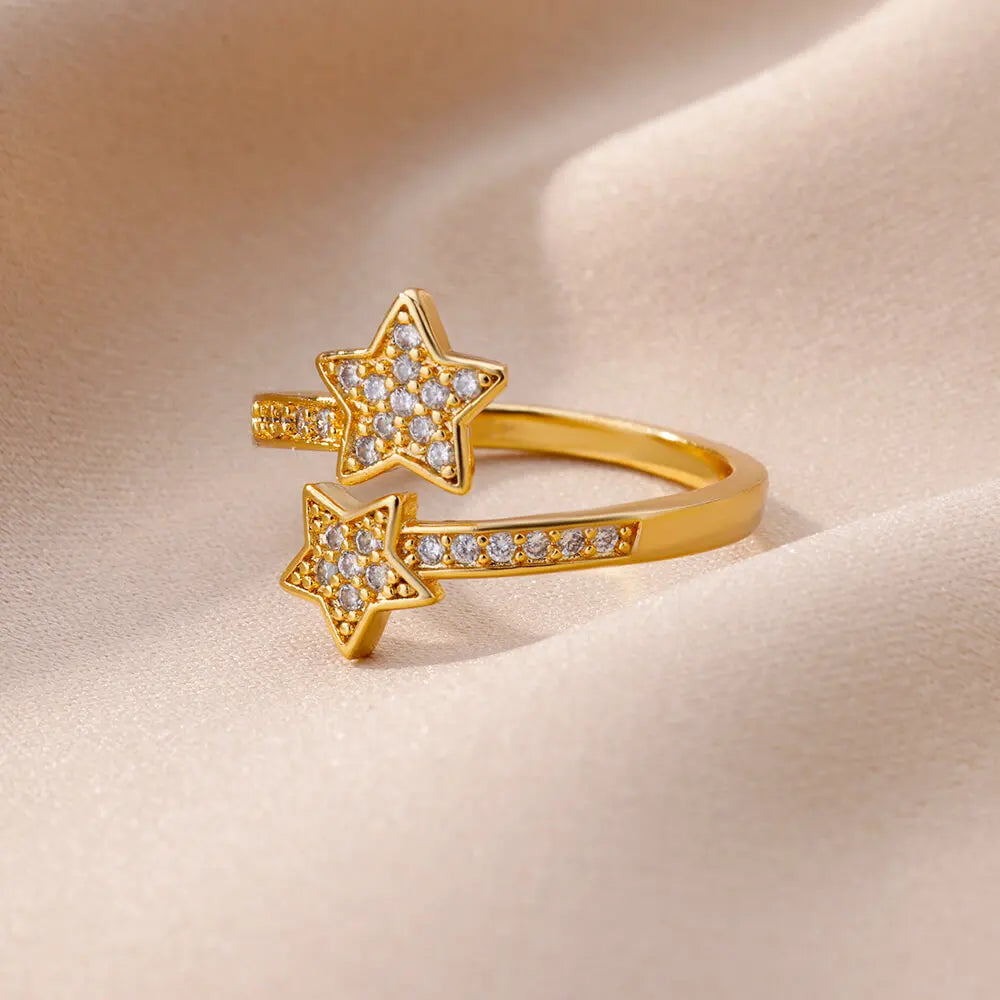 Zircon Double Star Rings For Women Girls Stainless Steel Gold Color y2k Ring 2024 New Trending Wedding Party Aesthetic Jewelry