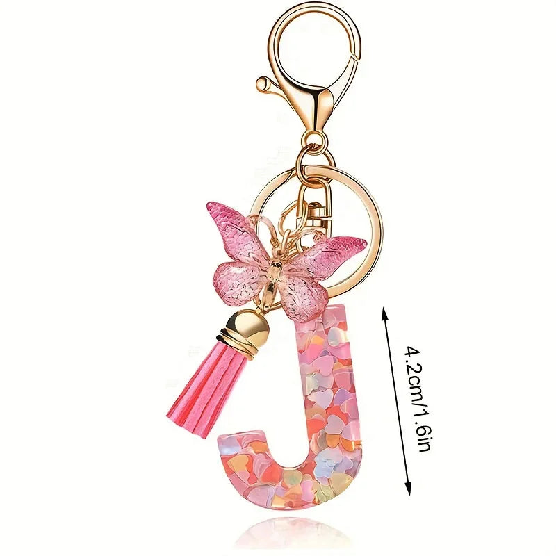 A-Z Dreamy Sequin Letters Keychain for Women Tassel Butterfly Pendant Initial Keyring Purse Suspension Bags Charms Car Key Chain