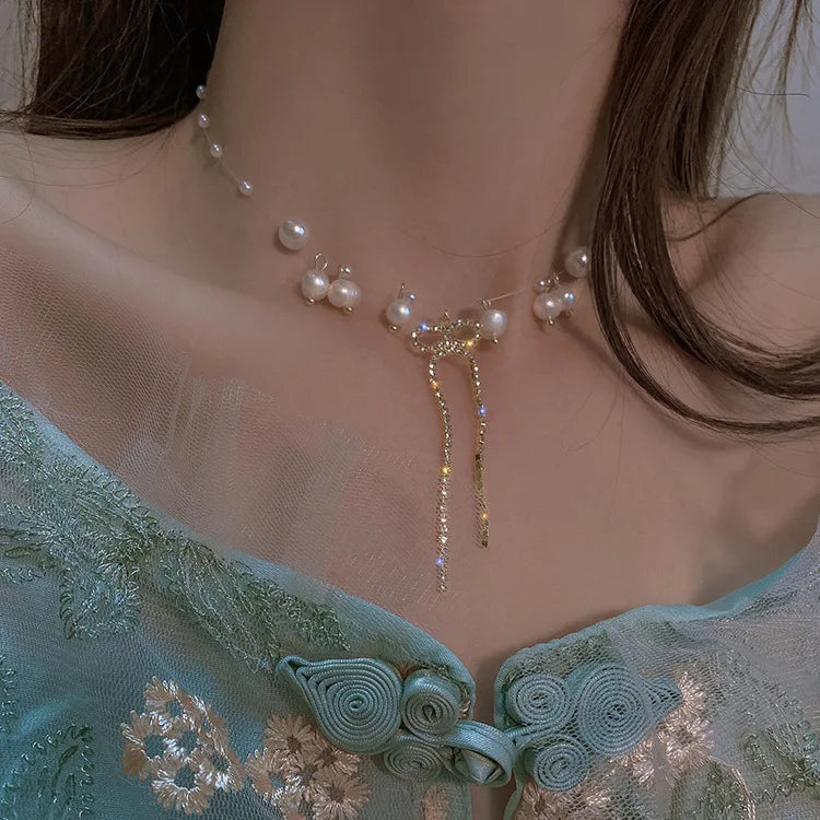 2023 New Fashion Trend Unique Design Delicate Vintage Zircon Flower Pearl Necklace Women Jewelry Wedding Party Premium Gift