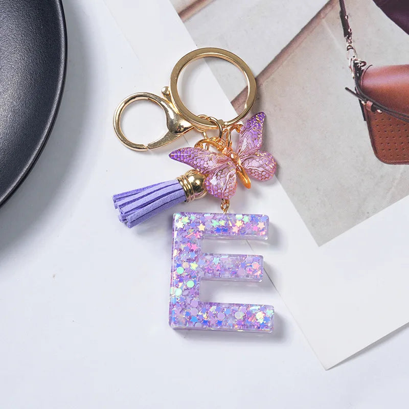 A To Z Purple Stars Filled Letter Keychain 26 Initials Alphabet Butterfly Tassel Charms Keyrings Bag Ornament Car Trinket Gift