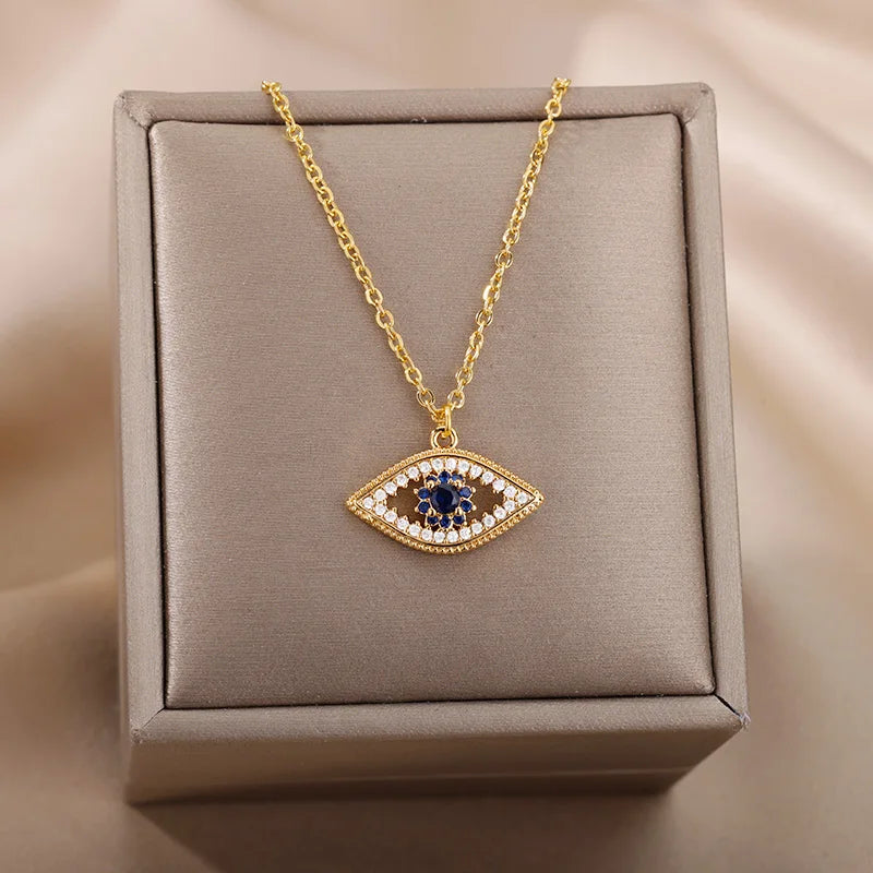 Trend Zircon Devil's Eye Pendant Necklace For Women Gold Color Stainless Steel Double Layer Lip Chain Choker Jewelry Wholesale