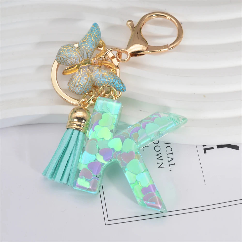 Fashion Green Tassel Butterfly 26Letter Keychain Heart-shaped Sequin Filled Resin Alphabet Keyring for Women Car Handbag Pendant