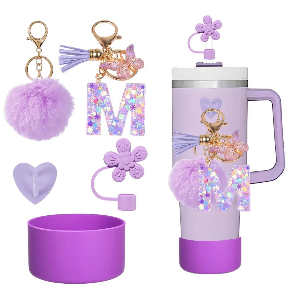 5pcs Accessories Set For Stanley Tumbler with Handle Resin Alphabet Initial Letter Keychain Keyring for Women Purse Handbags