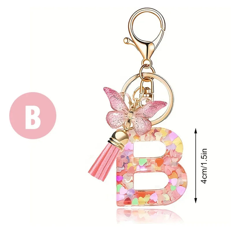 A-Z Dreamy Sequin Letters Keychain for Women Tassel Butterfly Pendant Initial Keyring Purse Suspension Bags Charms Car Key Chain