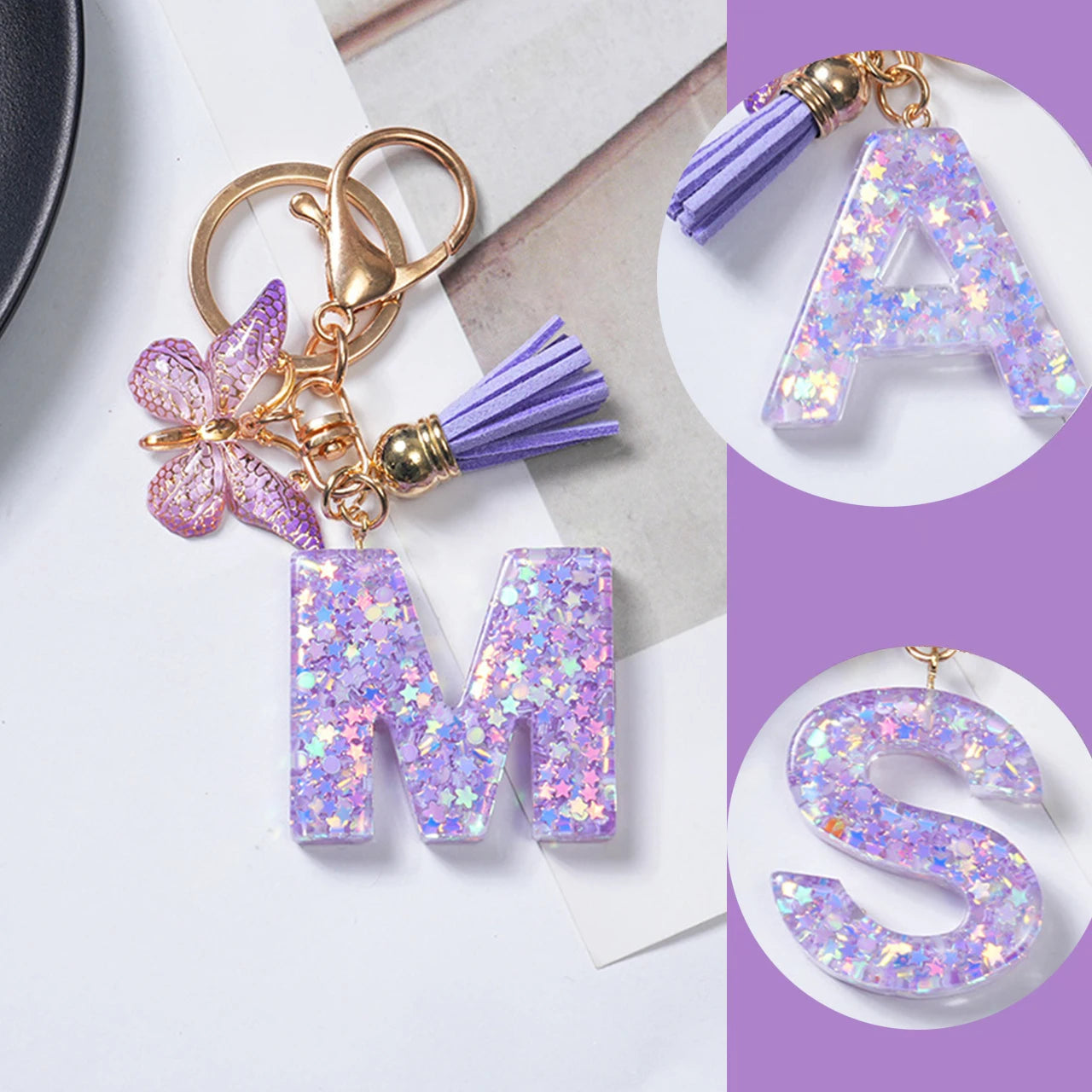 A To Z Purple Stars Filled Letter Keychain 26 Initials Alphabet Butterfly Tassel Charms Keyrings Bag Ornament Car Trinket Gift