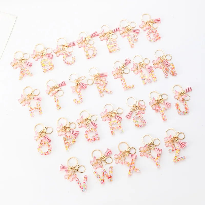 A-Z Dreamy Sequin Letters Keychain for Women Tassel Butterfly Pendant Initial Keyring Purse Suspension Bags Charms Car Key Chain