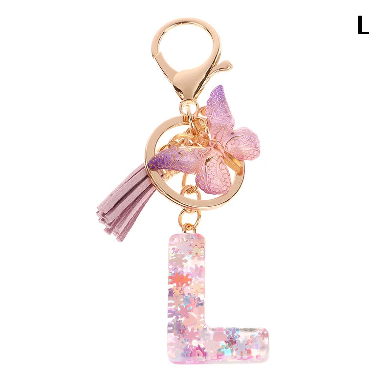 A-Z Dreamy Sequin Letters Keychain For Women Tassel Butterfly Pendant Initial Keyring Purse Suspension Bags Charms Car Key Chain