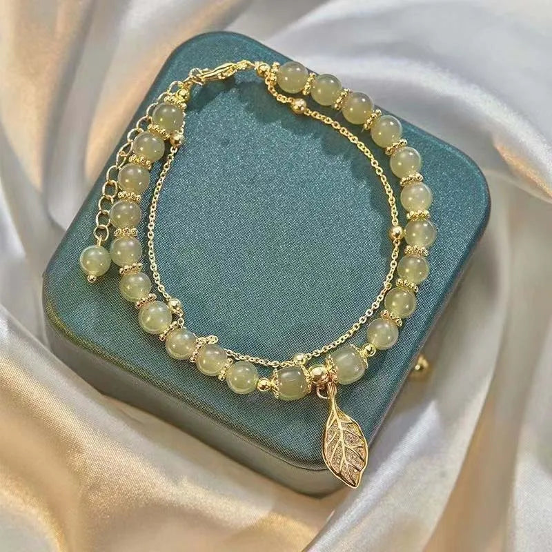 Chinese Style Green Hetian Jade Bracelet For Women Vintage Gold Color Leaves Double Layer Beaded Bracelet Jewelry Gifts