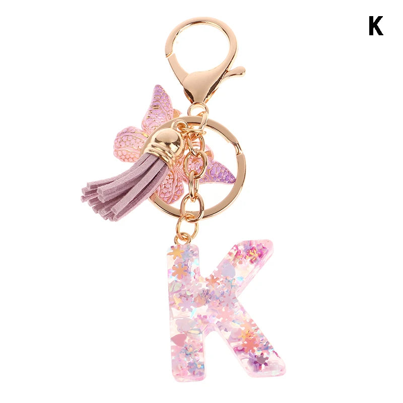 A-Z Dreamy Sequin Letters Keychain For Women Tassel Butterfly Pendant Initial Keyring Purse Suspension Bags Charms Car Key Chain