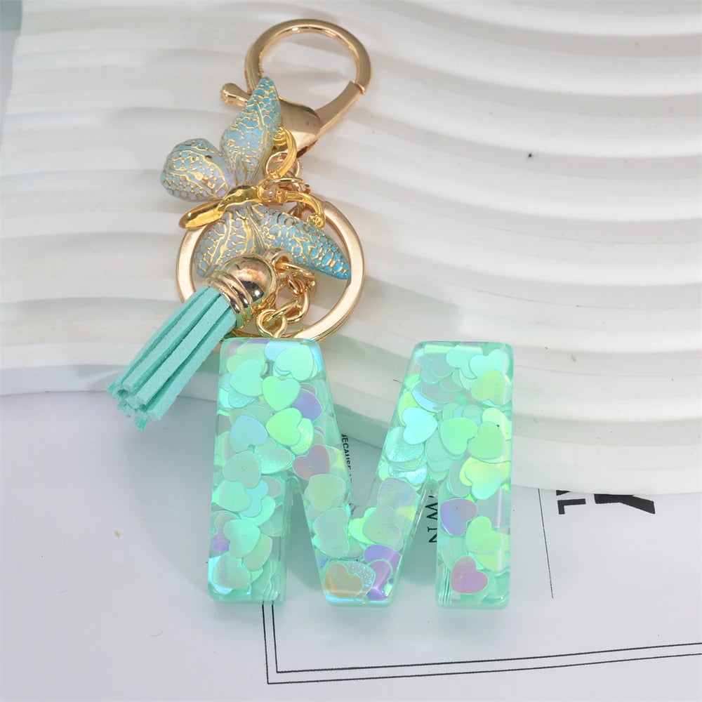 Fashion Green Tassel Butterfly 26Letter Keychain Heart-shaped Sequin Filled Resin Alphabet Keyring for Women Car Handbag Pendant