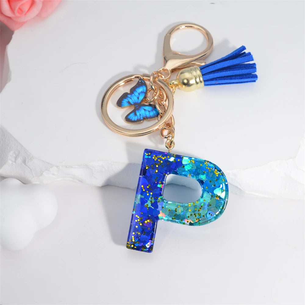 26 English Alphabet Letter Tassels Keychain Crystal Acrylic Butterfly Pendent Key Chain Women Gift Fashion Jewelry Accessories