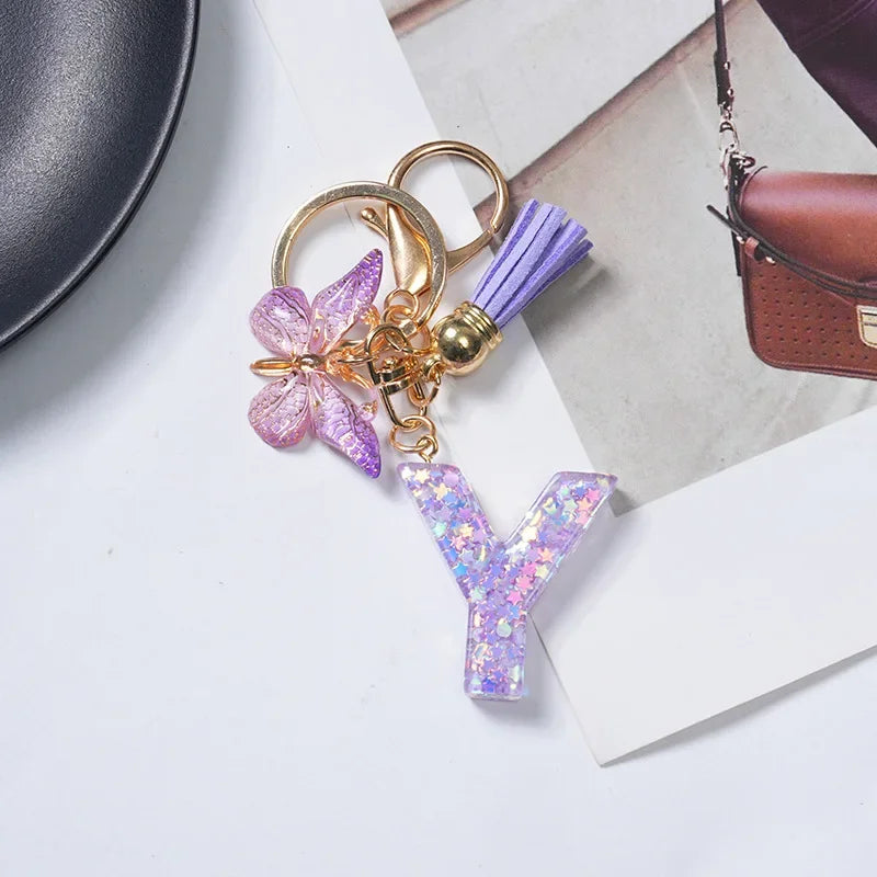 Cute Butterfly Tassel Letter Keychain Purple Stars Sequins Filled Resin A to Z Letter Keyring for Women Purse Charm Festive Gift