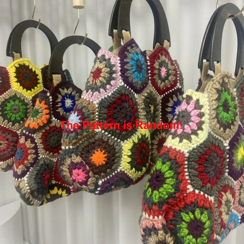 Bohemian Granny SquareCrochet Women Handbags Vintage Wooden Knitted Hand Bags Handmade Woven Large Tote Big Shopper Purses 2023