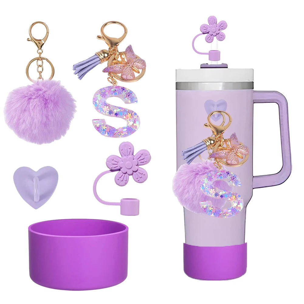 5pcs Accessories Set For Stanley Tumbler with Handle Resin Alphabet Initial Letter Keychain Keyring for Women Purse Handbags