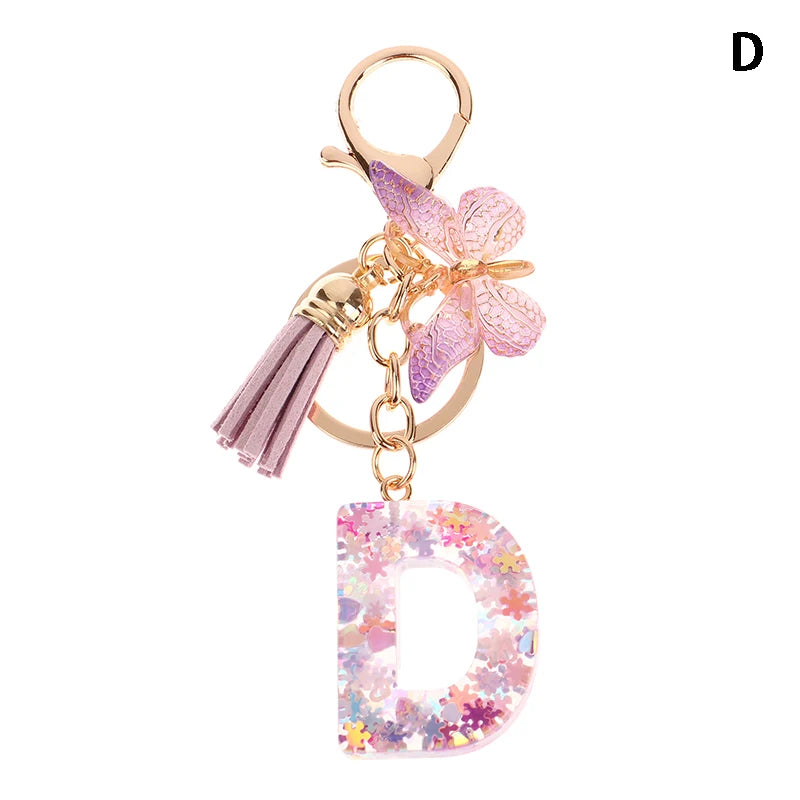 A-Z Dreamy Sequin Letters Keychain For Women Tassel Butterfly Pendant Initial Keyring Purse Suspension Bags Charms Car Key Chain