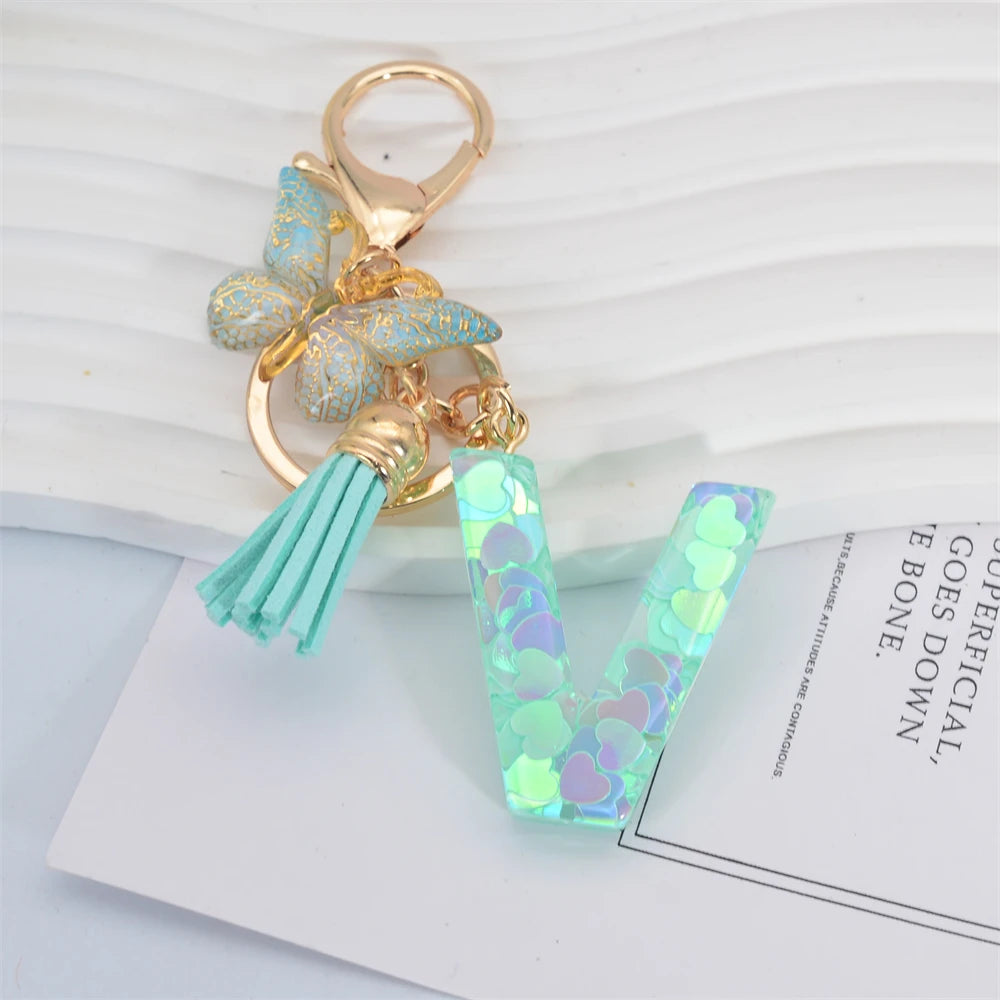 Fashion Green Tassel Butterfly 26Letter Keychain Heart-shaped Sequin Filled Resin Alphabet Keyring for Women Car Handbag Pendant