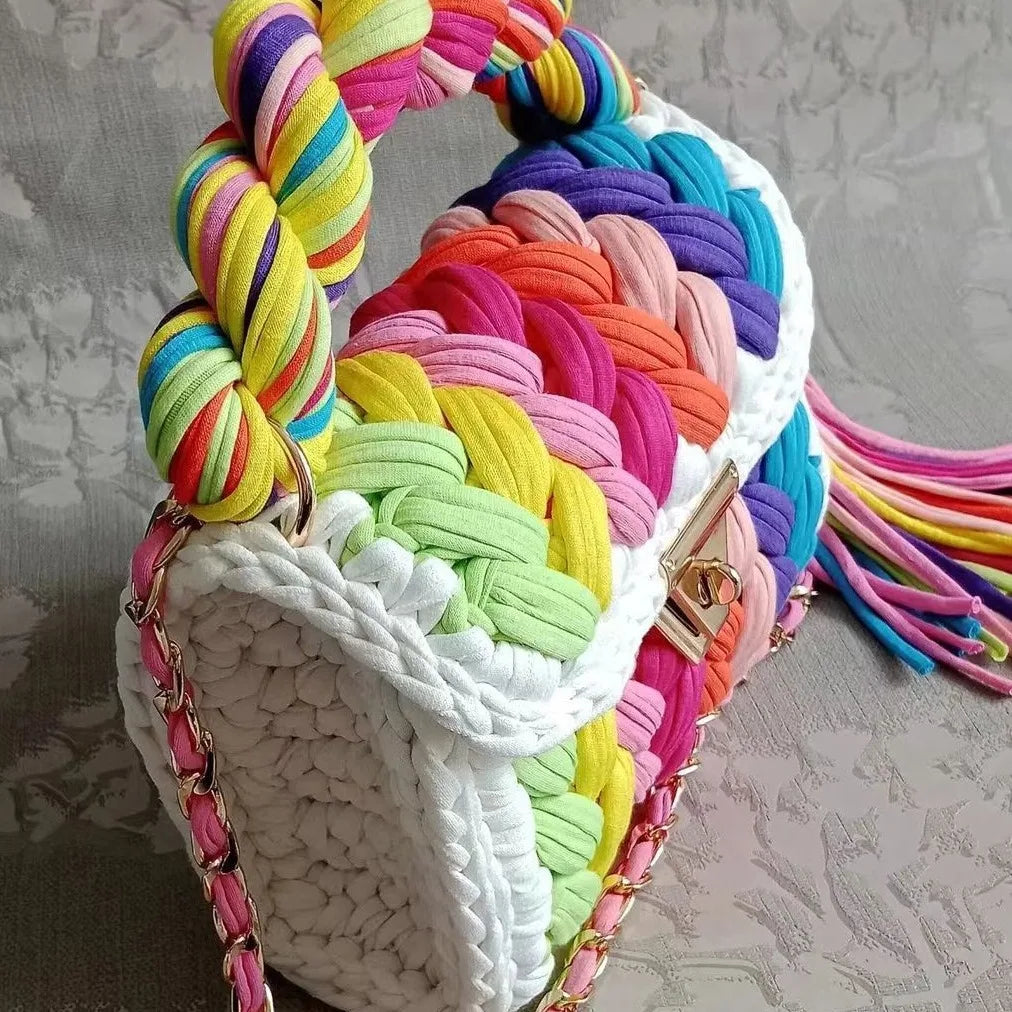 Lady Shoulder Bag Handmade Crochet Bag Woven Bag Fabric Strip Luxury Designer Handbag Purses for Women Tote Bags