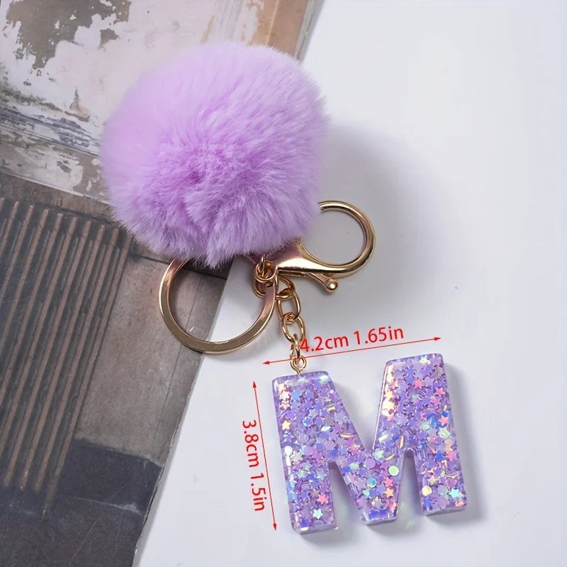 A-Z 26 Alphabet Letter keychain resin star sequin key ring cute purple plush ball keychain women's bag pendant fashion gift