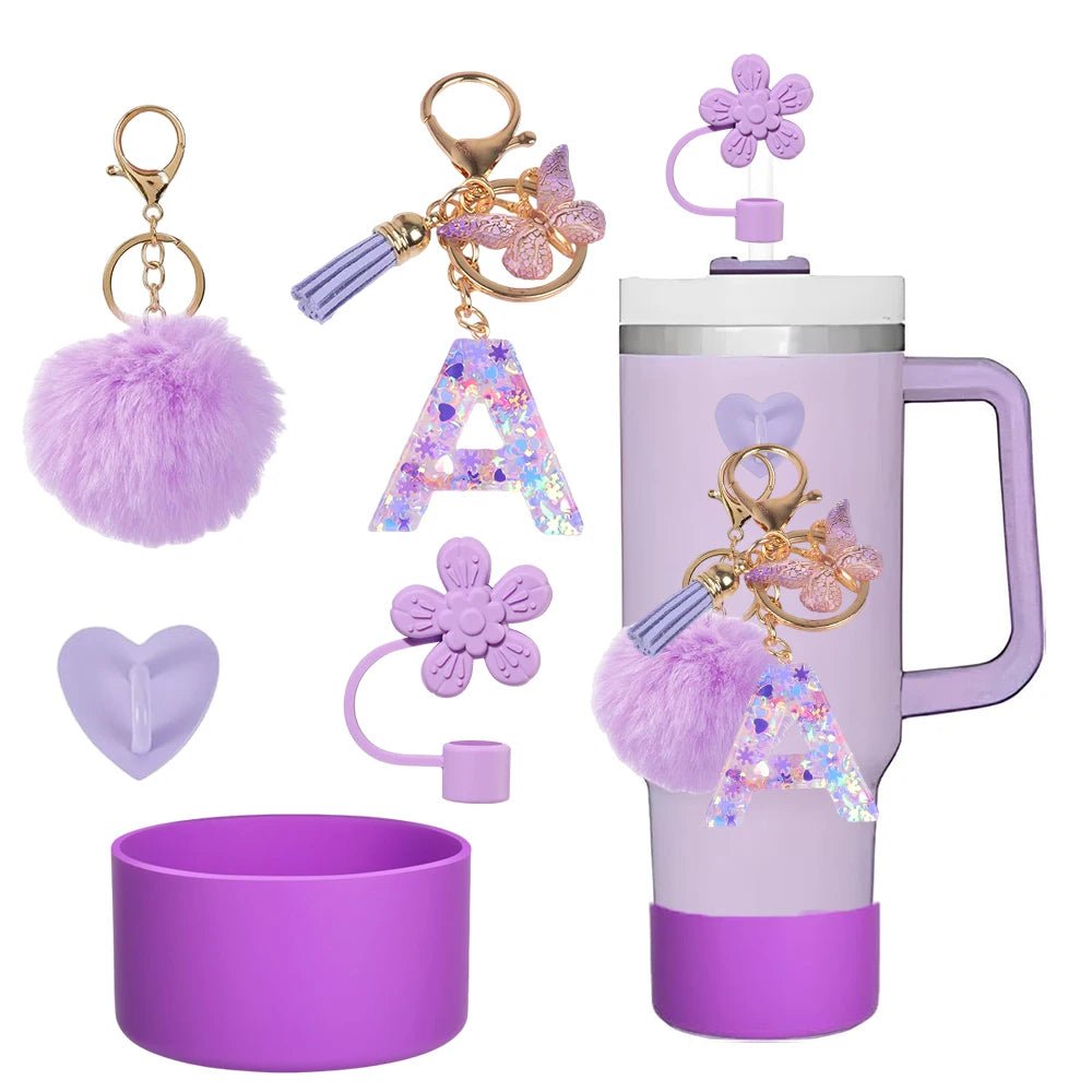 5pcs Accessories Set For Stanley Tumbler with Handle Resin Alphabet Initial Letter Keychain Keyring for Women Purse Handbags