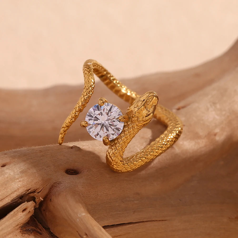 E.B.belle Square Zirconium Plate Snake Shaped Ring 316L Stainless Steel Accessories 18K Gold Plated Decoration
