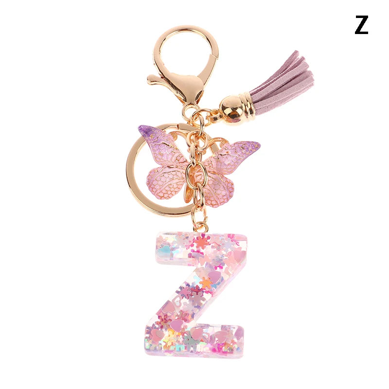 A-Z Dreamy Sequin Letters Keychain For Women Tassel Butterfly Pendant Initial Keyring Purse Suspension Bags Charms Car Key Chain