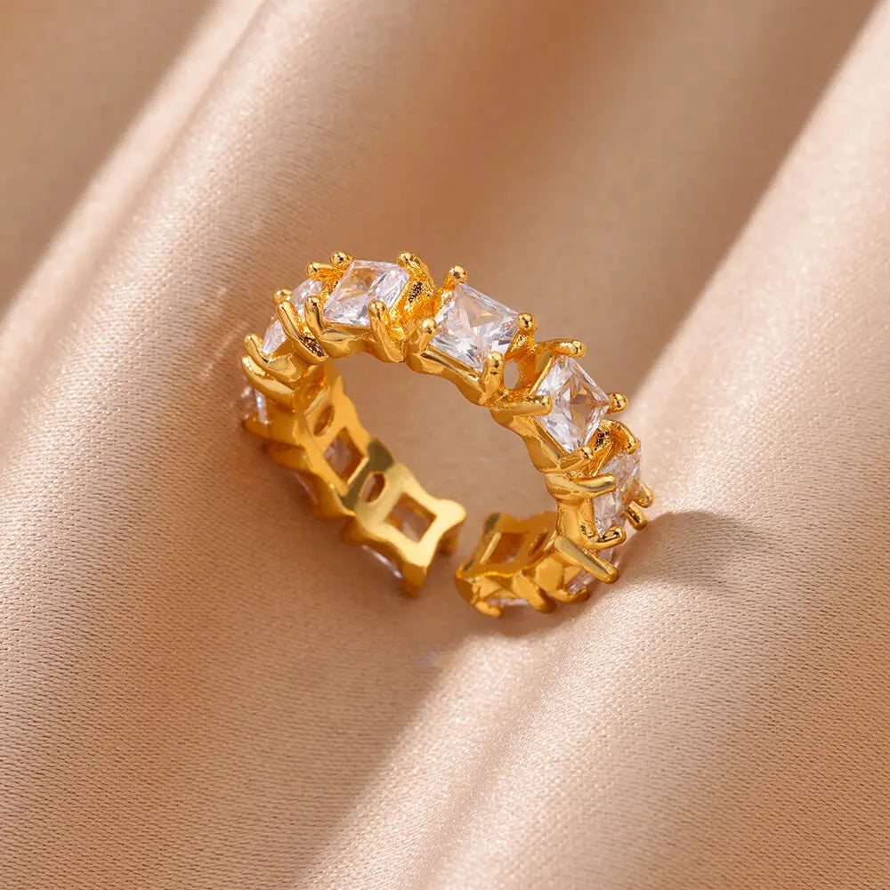 Gold Color Cubic Zircon Rings For Women Open Stainless Steel Green Color Luxury Crystal Finger Ring Boho Jewelry Wedding Gift