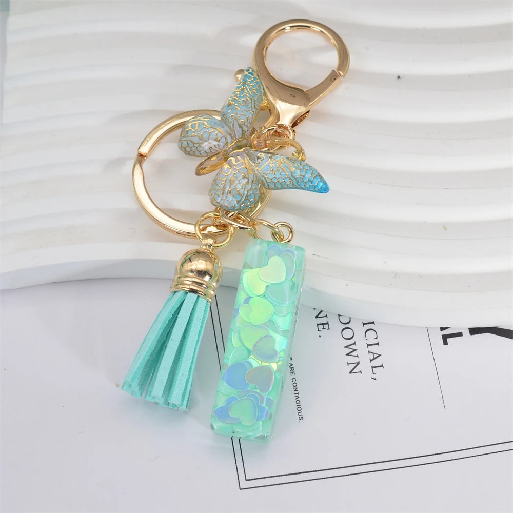 Fashion Green Tassel Butterfly 26Letter Keychain Heart-shaped Sequin Filled Resin Alphabet Keyring for Women Car Handbag Pendant