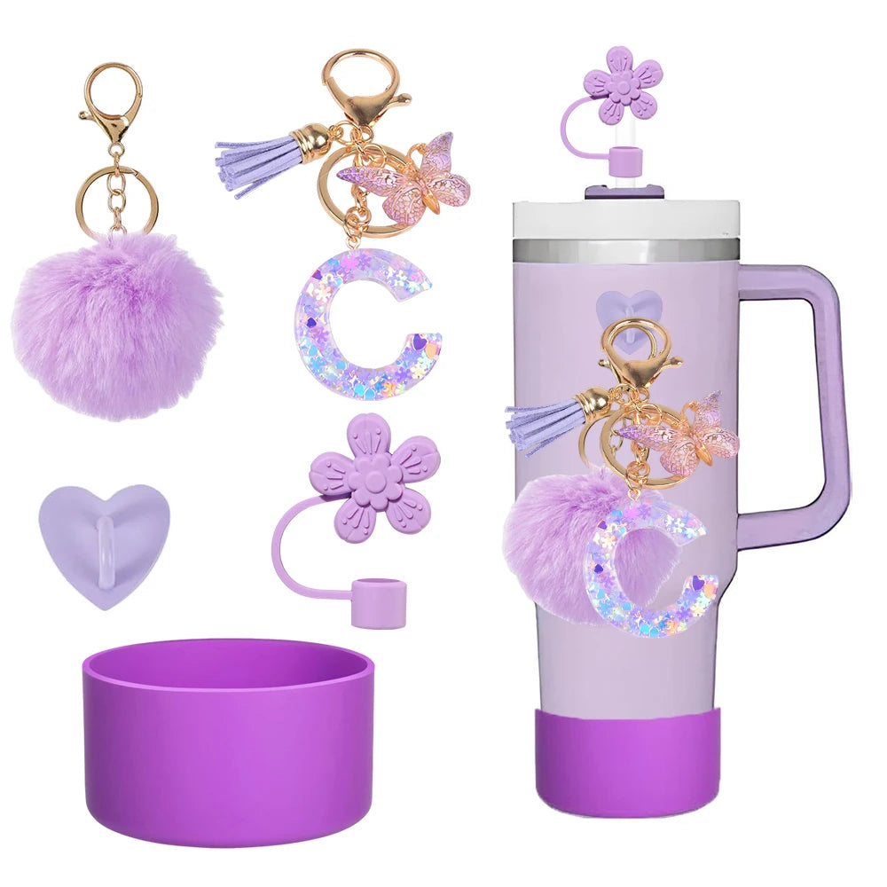 5pcs Accessories Set For Stanley Tumbler with Handle Resin Alphabet Initial Letter Keychain Keyring for Women Purse Handbags