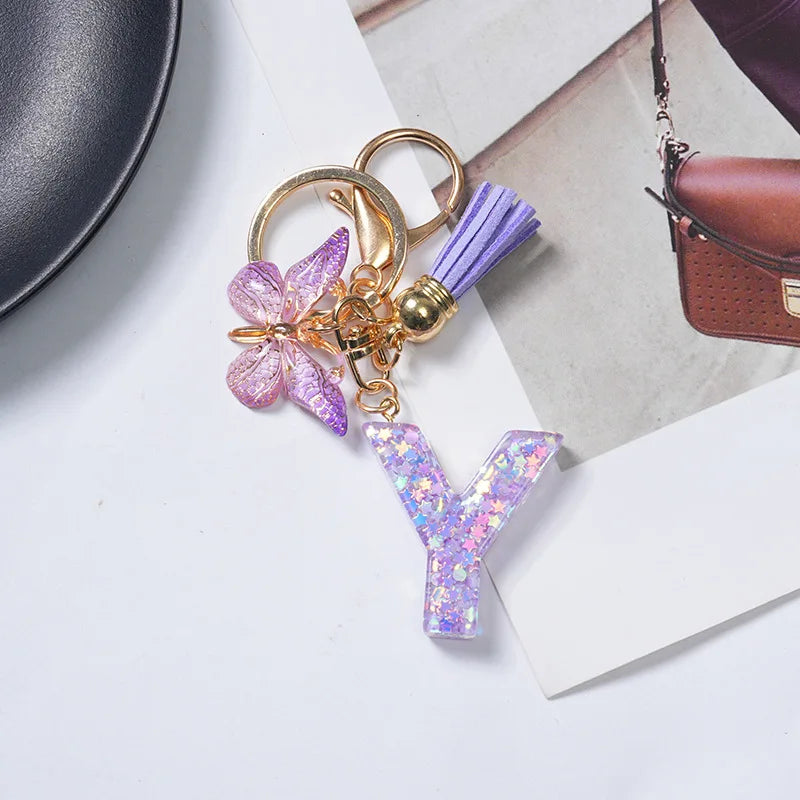A To Z Purple Stars Filled Letter Keychain 26 Initials Alphabet Butterfly Tassel Charms Keyrings Bag Ornament Car Trinket Gift