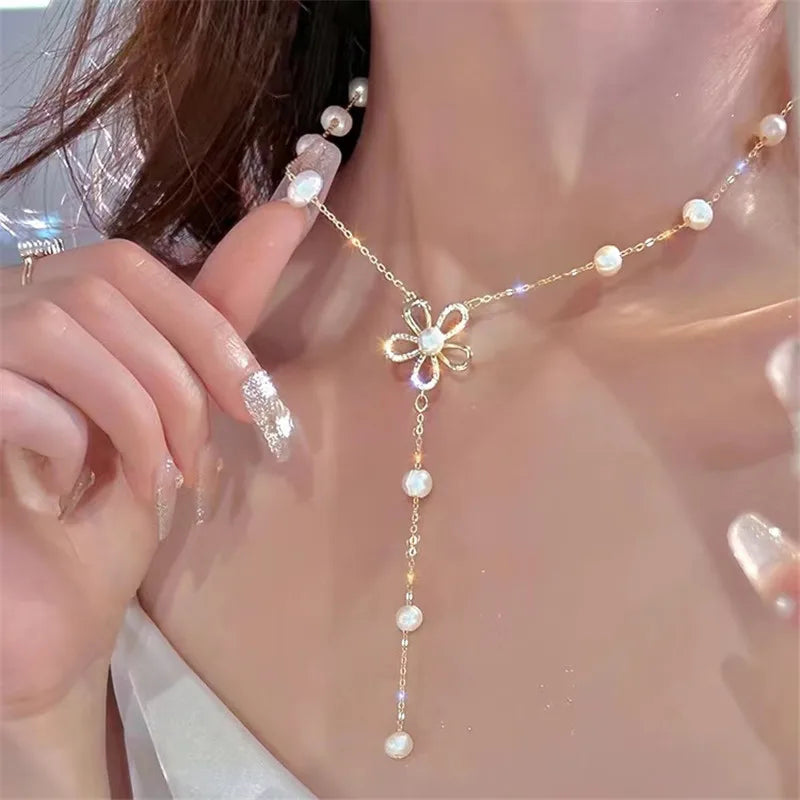 2023 New Fashion Trend Unique Design Delicate Vintage Zircon Flower Pearl Necklace Women Jewelry Wedding Party Premium Gift