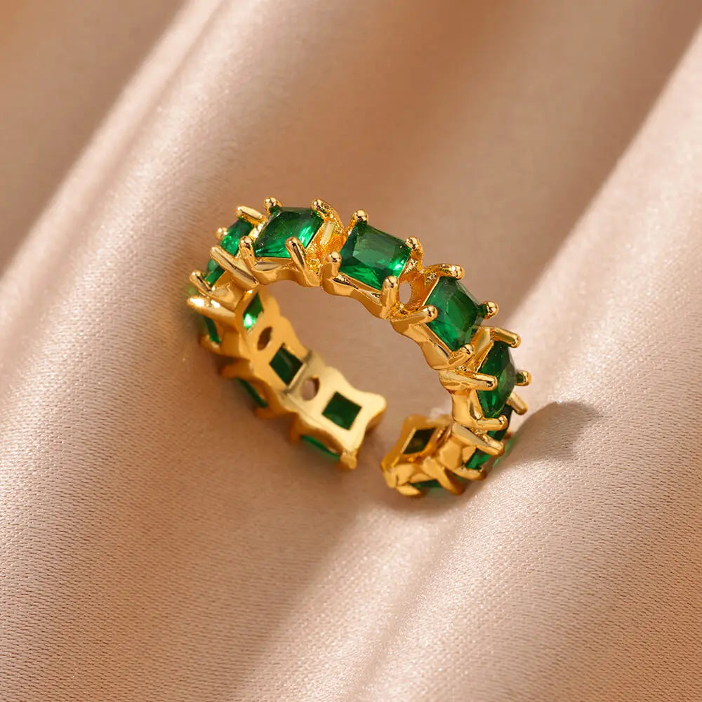 Gold Color Cubic Zircon Rings For Women Open Stainless Steel Green Color Luxury Crystal Finger Ring Boho Jewelry Wedding Gift
