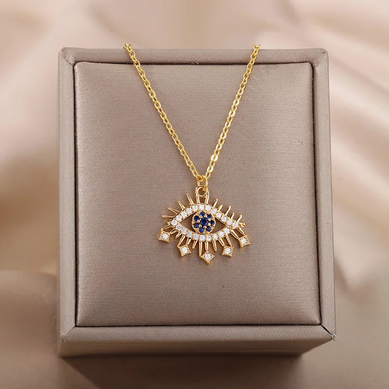 Trend Zircon Devil's Eye Pendant Necklace For Women Gold Color Stainless Steel Double Layer Lip Chain Choker Jewelry Wholesale