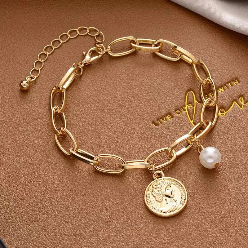 Simple Elegant Imitation Pearl Bracelets Gold Color Beads Chain for Womens Goth Chain Bracelet Bangles Trend Jewelry Gift