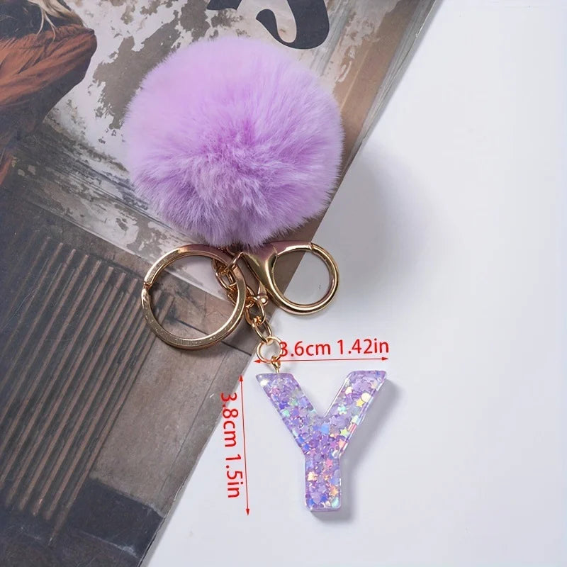 A-Z 26 Alphabet Letter keychain resin star sequin key ring cute purple plush ball keychain women's bag pendant fashion gift