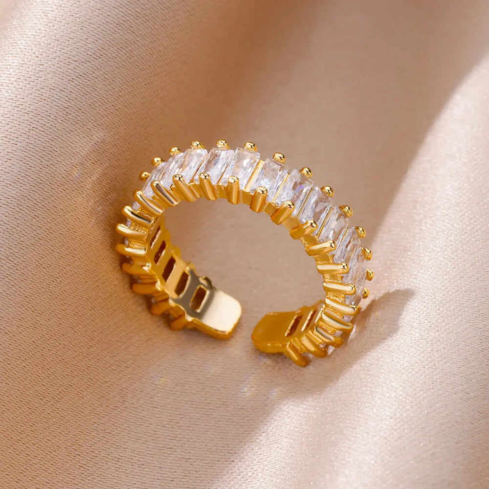 Gold Color Cubic Zircon Rings For Women Open Stainless Steel Green Color Luxury Crystal Finger Ring Boho Jewelry Wedding Gift
