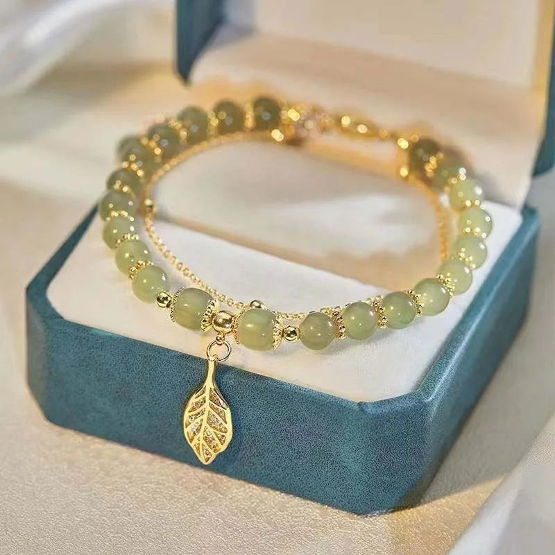 Chinese Style Green Hetian Jade Bracelet For Women Vintage Gold Color Leaves Double Layer Beaded Bracelet Jewelry Gifts