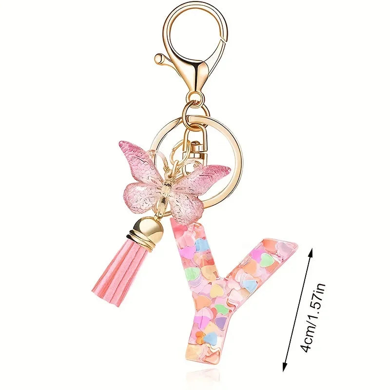 A-Z Dreamy Sequin Letters Keychain for Women Tassel Butterfly Pendant Initial Keyring Purse Suspension Bags Charms Car Key Chain