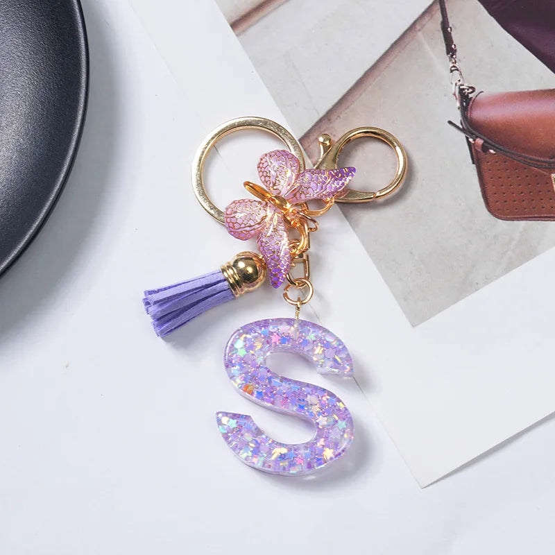 A To Z Purple Stars Filled Letter Keychain 26 Initials Alphabet Butterfly Tassel Charms Keyrings Bag Ornament Car Trinket Gift
