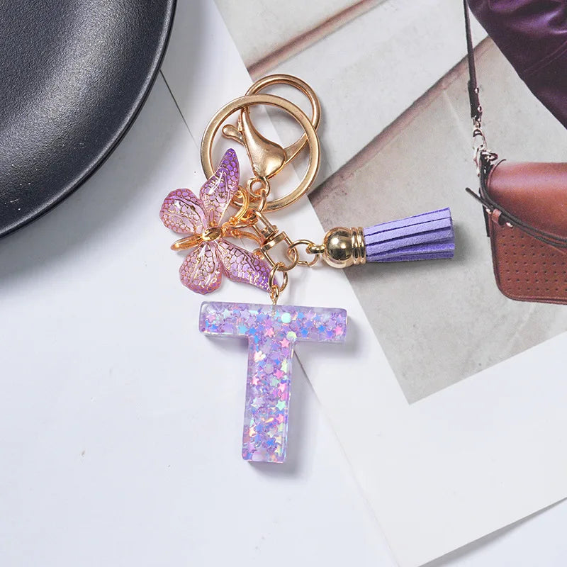 A To Z Purple Stars Filled Letter Keychain 26 Initials Alphabet Butterfly Tassel Charms Keyrings Bag Ornament Car Trinket Gift