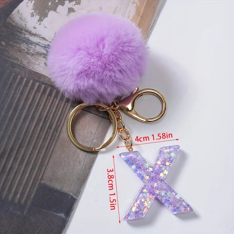 A-Z 26 Alphabet Letter keychain resin star sequin key ring cute purple plush ball keychain women's bag pendant fashion gift