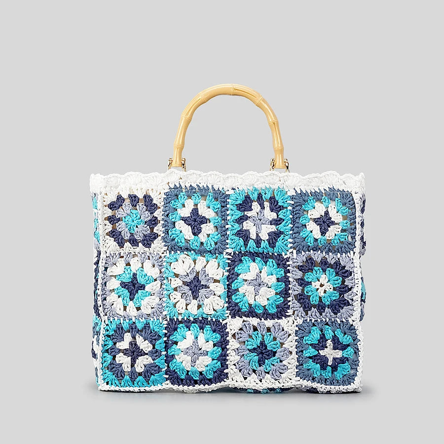 Bohemian Granny Square Straw Tote Bag Bamboo Handle Weave Women Handbags Casual Handmade Summer Beach Bags Large Capacity Purses