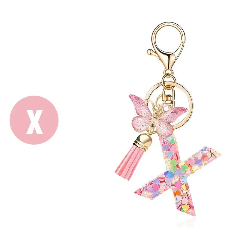 A-Z Dreamy Sequin Letters Keychain for Women Tassel Butterfly Pendant Initial Keyring Purse Suspension Bags Charms Car Key Chain