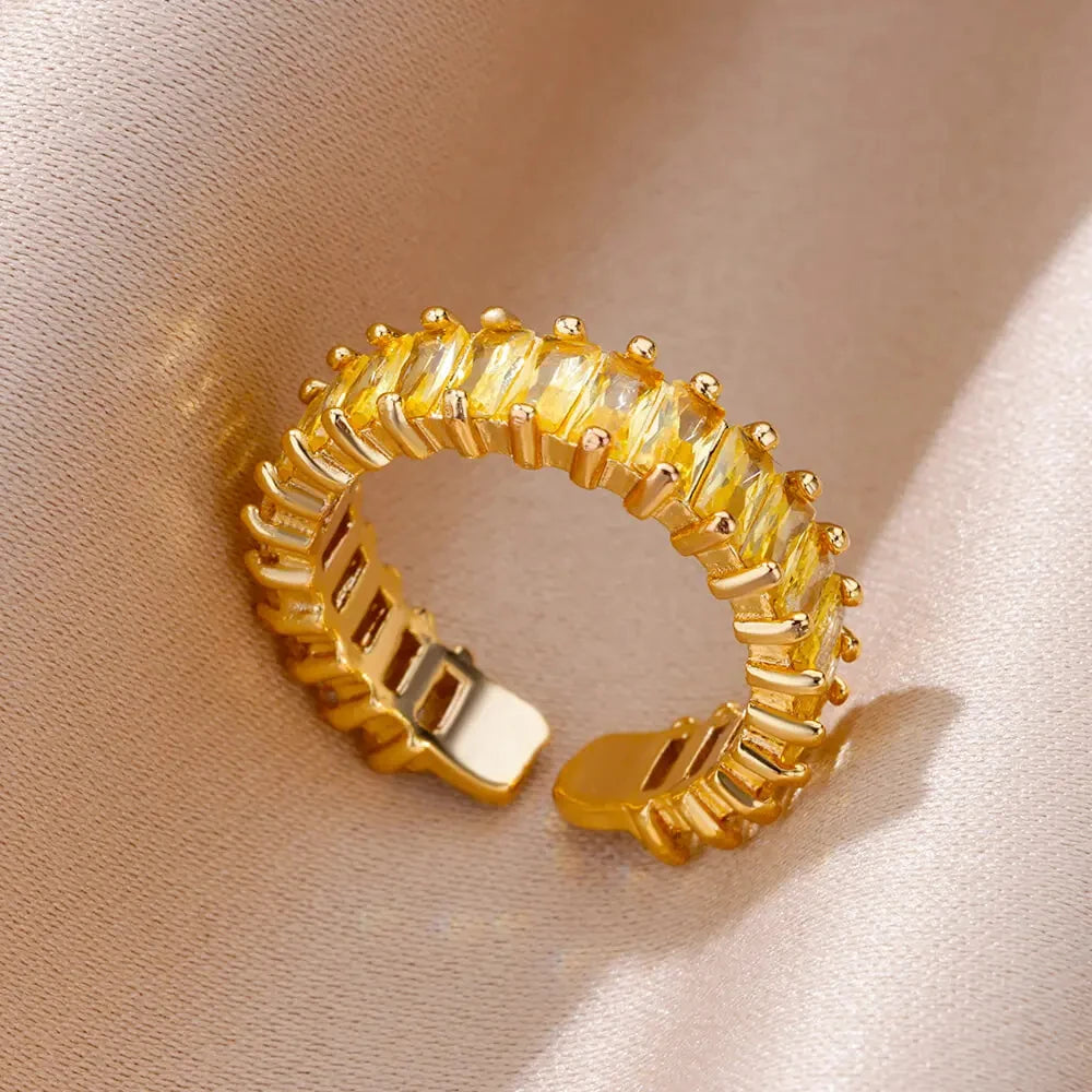 Colorful Cubic Zircon Ring for Women Stainless Steel Gold Color Open Ring Vintage Boho Wedding Party Jewelry Gift Accessories