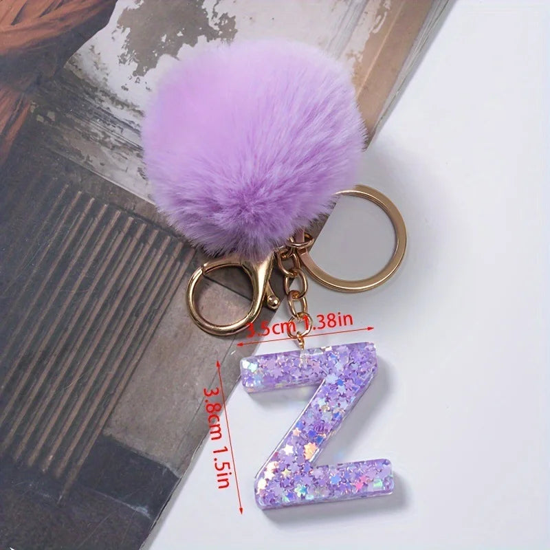 A-Z 26 Alphabet Letter keychain resin star sequin key ring cute purple plush ball keychain women's bag pendant fashion gift
