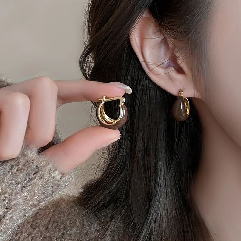 Gold Plating Dripping Coffee Color Tiger's-eye Stone Round U-shaped Hoop Earrings for Women Vintage Ear Buckles Fashion Jewelry