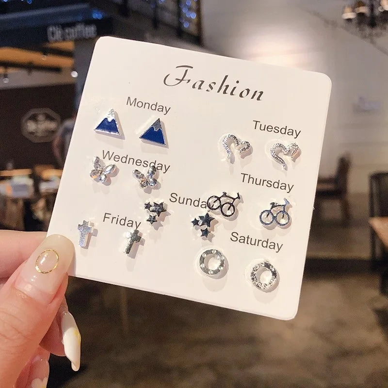 New S925 Silver Needle Stud Earrings Set for Women Girls Simple Cute Exquisite Mini Earrings Jewelry Gift Wholesale Direct Sales