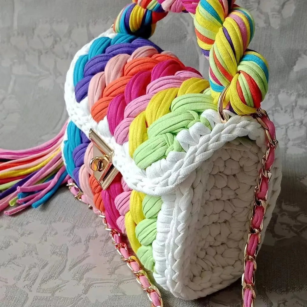 Lady Shoulder Bag Handmade Crochet Bag Woven Bag Fabric Strip Luxury Designer Handbag Purses for Women Tote Bags